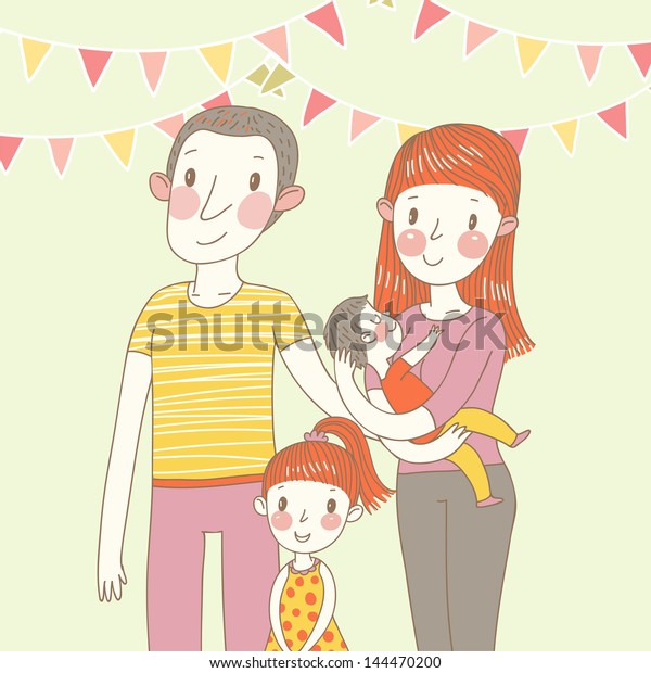 Happy family in vector. Cartoon father, mother, daughter and son