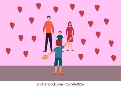 Happy family vector concept: boy painting his family with several love shapes
