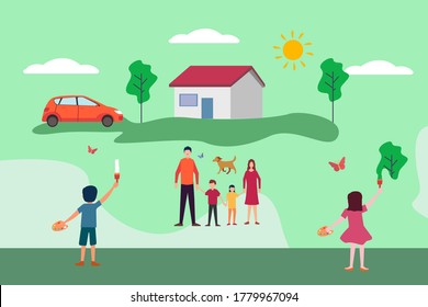 Happy family vector concept: kids painting a happy family with a house and a car 