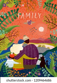 happy family, vector cute illustration of a loving family in nature outdoors, enjoying the sunset surrounded by flowers and plants; mother, father, child and cat sit back and hug in autumn or spring
