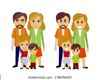 Happy Family vector illustration. Children and parents. Parenting. Father, mother, kids, son, daughter. Dad, daddy. Mom. Kid. Brother, sister. Siblings. Husband, wife. Boy, girl. Male, female. Couple.