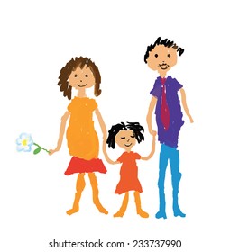 Happy family vector illustration in child's drawing style