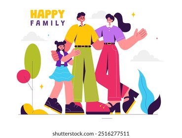 Happy Family Vector Illustration Featuring Mom, Dad, and Children Celebrating Love and Happiness in a Flat Style Cartoon Background