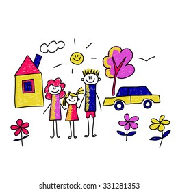 Happy family. Vector illustration. Fun in the sunny day