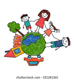 Happy family. Vector illustration.  Fun in the sunny day