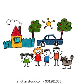 Happy family. Vector illustration. Fun in the sunny day