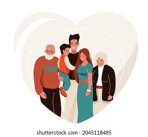 Happy family vector illustration in heart shape. Father, mother, grandfather, grandmother, child hug each other. Isolated on white background.