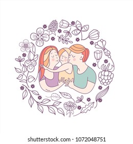 Happy family. Vector illustration for the international family day. Happy parents and their children. Framed by a floral wreath.