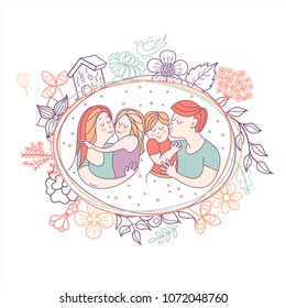 Happy family. Vector illustration for the international family day. Happy parents and their children. Framed by a floral wreath.