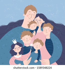 Happy family. Vector illustration of mother, father and children: daughter and son, hugging and joyful. Isolated freehand drawing for card, background or poster.
