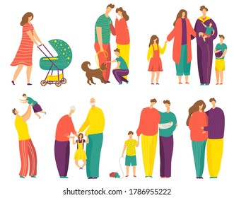 Happy family vector illustration set. Cartoon flat father, mother and daughter or son child characters, grandmother and grandfather hug, standing together. Family love, happiness isolated on white