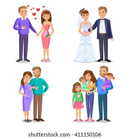 Happy family vector illustration. Young couple, wedding couple, husband and wife, couple expecting a baby. 