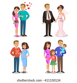 Happy family vector illustration. Young couple, wedding couple, husband and wife, couple expecting a baby. 