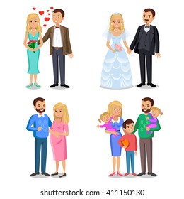Happy family vector illustration. Young couple, wedding couple, husband and wife, couple expecting a baby. 