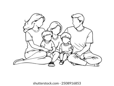 Happy Family Vector Line Art Illustration. Parents with Children Black Sketch Style Drawing. drawing style. Little Kids and Mother and Father Together Isolated on White Background