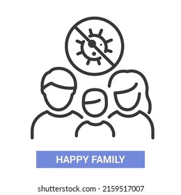 Happy Family - Vector Line Design Single Isolated Icon On White Background. High Quality Black Pictogram. Image Of Mom, Dad And Baby Protected From The Virus. The Microbe Is Not Scary. Health Care