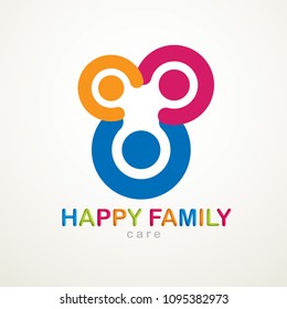 Happy family vector logo or icon created with simple geometric shapes. Tender and protective relationship of father, mother and child. Together as one system relations.
