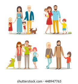 Happy family vector set. Cartoon character: mother, father, brothers, sisters, twins, dog. Young hipster family group which children. Illustration isolated on white background