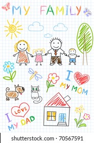 Happy family. Vector sketch on notebook page