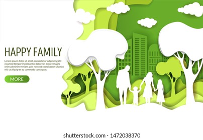 Happy family vector website template, web page and landing page design for website and mobile site development. Paper cut green with white eco city and family with two kids silhouettes.