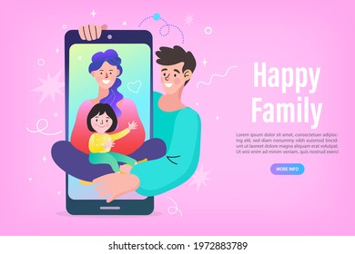 Happy family Video call on smartphone. Young family with. kids are having video call using the smartphone. Human hand hold device. Chat. Vector cartoon illustration.