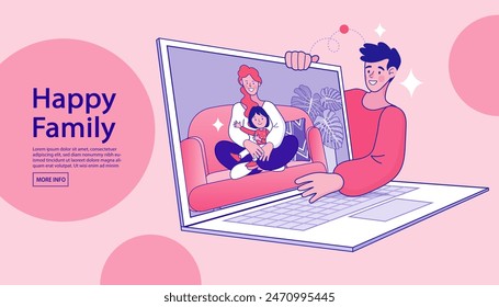 Video Familia feliz Concepto de Vector Video plano en línea Familia unida. Cuarentena y autoaislamiento. Uso de tecnologías de comunicación modernas. Vector plano. 