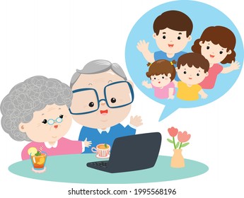 Happy family video call vector illustration.
Family video call. online communication with grandparents. Happy family vector illustration. 
Online call communication.