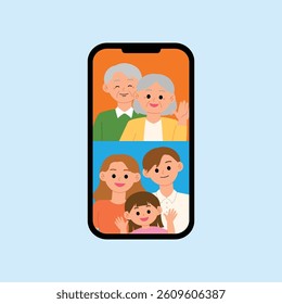 Happy family video calling grandparents on smartphone vector, parent and daughter are chatting with a smile illustration