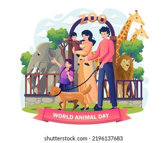 Happy Family visit to the Zoo on  World Animal Day, Wildlife sanctuary. Parents with kids and a dog pet at Entrance Zoo Park. Vector illustration in flat style