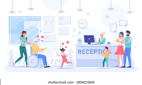 Happy family visiting grandfather in nursing home. Woman caregiver, handicap old man in wheelchair, young couple, little children at reception desk. Rehabilitation for elderly. Retirement, happiness