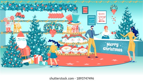 Happy Family Visiting Santa Shop with Traditional Christmas Souvenirs. Saleswoman Giving Bought Gift to Woman. Parents and Child Preparing for Winter Holidays. Vector Cartoon Illustration