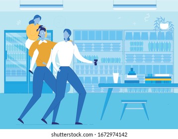 Happy Family Visiting Shop, Cafeteria, Public Catering Cartoon. Father, Mother, Child Characters. Rest and Recreation. Spending Time Together. Cafe and Restaurant in Shopping Mall. Vector Illustration