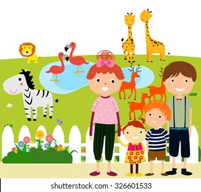 Happy Family Visiting Zoo