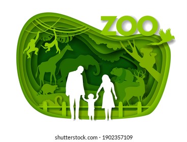 Happy family visiting zoo, vector illustration. Paper cut craft style father, mother and kid looking at giraffe, monkey, deer, koala bears, elephant wild animals silhouettes. Zoo animals.