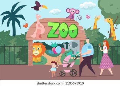 Happy family visits the zoo. Vector flat cartoon illustration with people, elephant, giraffe, kangaroo, monkey, parrot, lion and butterflies.