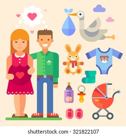 Happy family waiting for a baby. All the newborn stuff: romper suit, cute toy, pacifier, dummy, baby's booties, carriage, stork. Set of vector flat isolated colorful illustrations. 