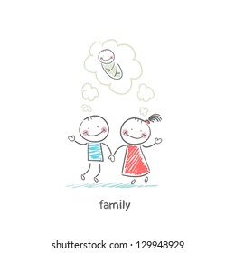 Happy family is waiting for the birth. Illustration.