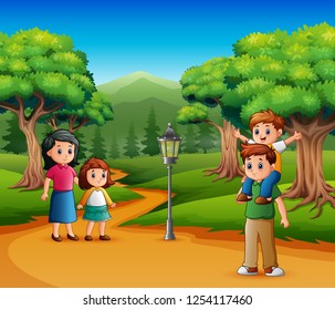 Happy family walk in a forest