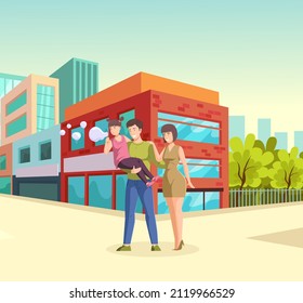 Happy family walk modern city street enjoy weekend. Father, mother and daughter spend time together summer day outdoor at modern town landscape. Man, woman and child at downtown flat vector