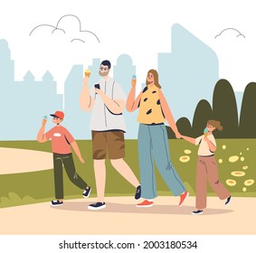 Happy family walk in park eating ice cream. Joyful mom, dad and two kids outdoors in summer nature together enjoy cold dessert. Cartoon flat vector illustration