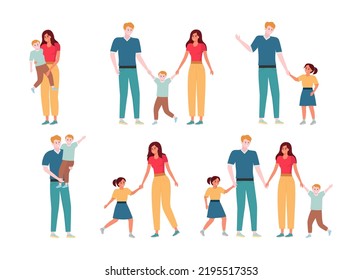 Happy family walk together on the street. Set of pictures of father and mother, girl and boy hugging and holding hands. Flat vector style. Family day.