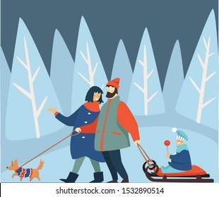 Happy family walk in winter park. Dad walking dog on a leash and carrying son on a sled, sledge. Snow sledding. Festive mood, fall holidays evening outdoors activity. Flat vector illustration.