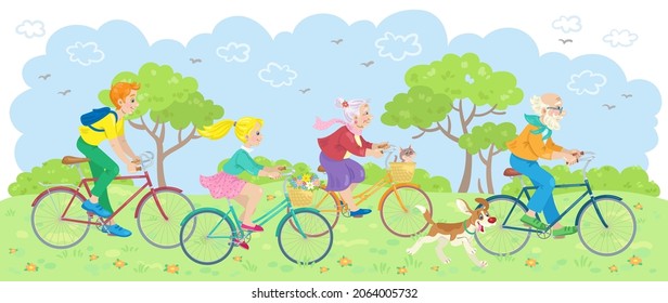 Happy family for a walk. Young man, woman, grandparents ride a bike together in a summer park. Banner in cartoon style. Vector illustration.