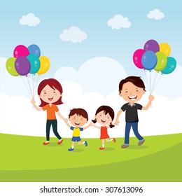 Happy family walking with balloons. Vector illustration of a cheerful family having fun with balloons.