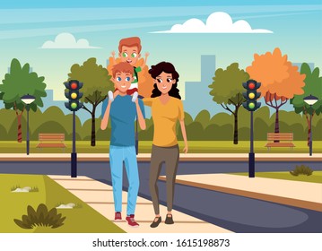 Happy family walking with boy in the street, colorful design, vector illustration