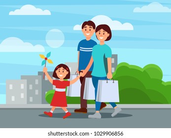 Happy family walking by park after shopping. Mother, father and their daughter. Buildings and green bushes on background. Parenthood concept. Cartoon people. Flat vector