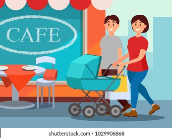 Happy family walking in city center. Young mother pushing baby carriage, father carrying shopping bags. Cafe facade on background. Cartoon people. Flat vector design