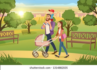 Happy Family Walking in City Park Cartoon Vector. Mother Strolling with Pink Baby Carriage, Father Riding Preschooler Boy on Shoulders at Path Among Trees Illustration. Millennial Parents Day Off Walk