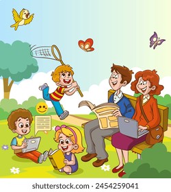 Happy family walking in the city park. Father, mother, son and daughter together outdoors. Vector illustration in cartoon style