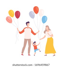 Happy Family Walking with Colorful Balloons, Mother, Father and their Son Celebrating Holiday Vector Illustration
